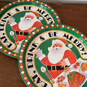 Eat Drink and Be Merry Vintage Santa Christmas Party Trays set of 2